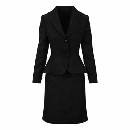 Black roll collar jacket and pencil skirt by Novelette Ellis